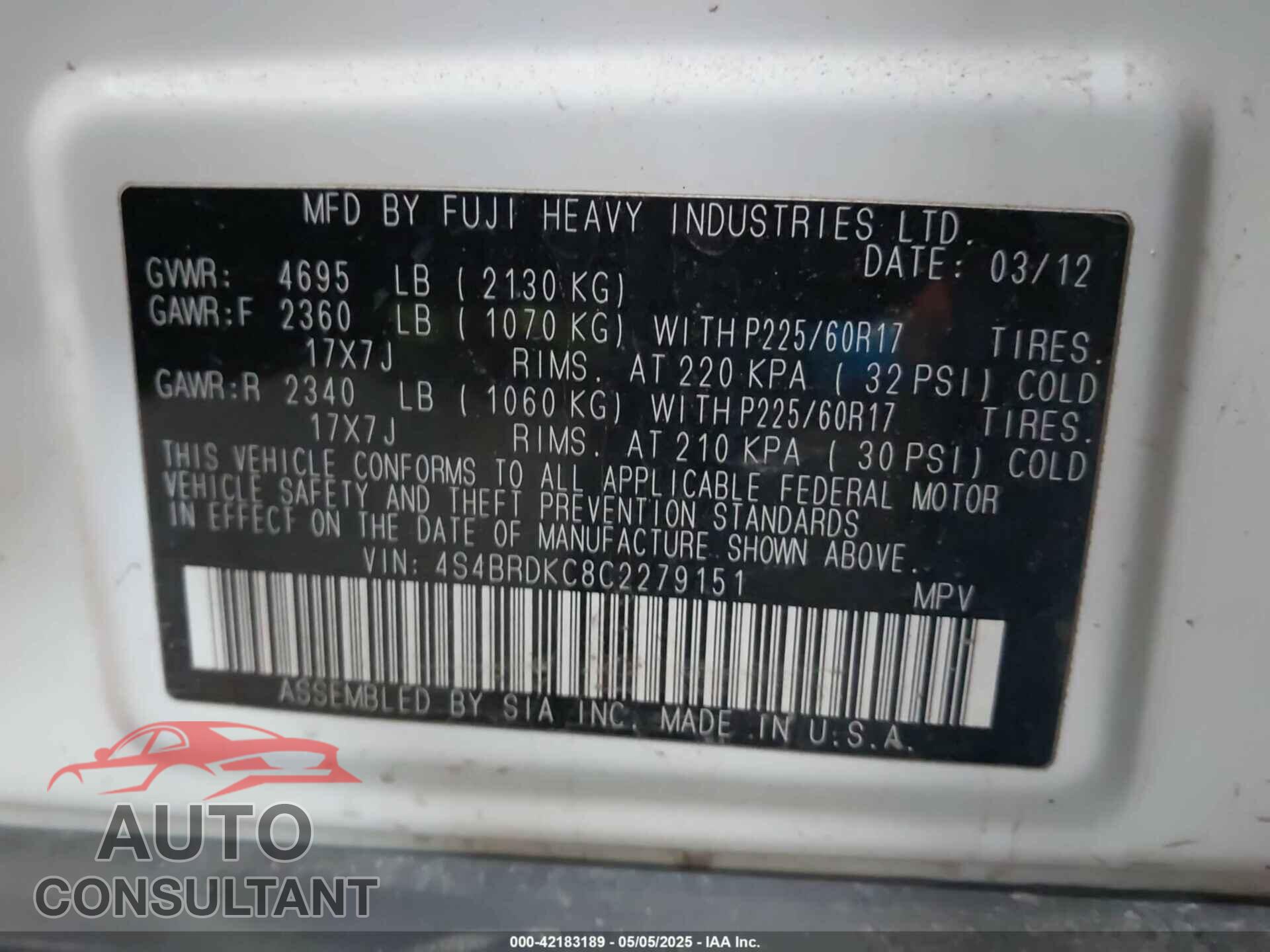 SUBARU OUTBACK 2012 - 4S4BRDKC8C2279151