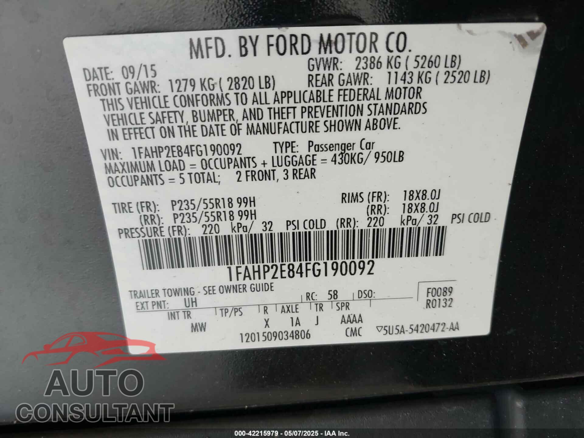 FORD TAURUS 2015 - 1FAHP2E84FG190092
