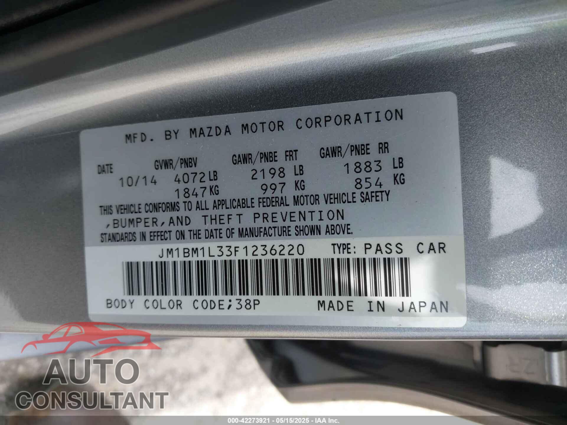 MAZDA MAZDA3 2015 - JM1BM1L33F1236220