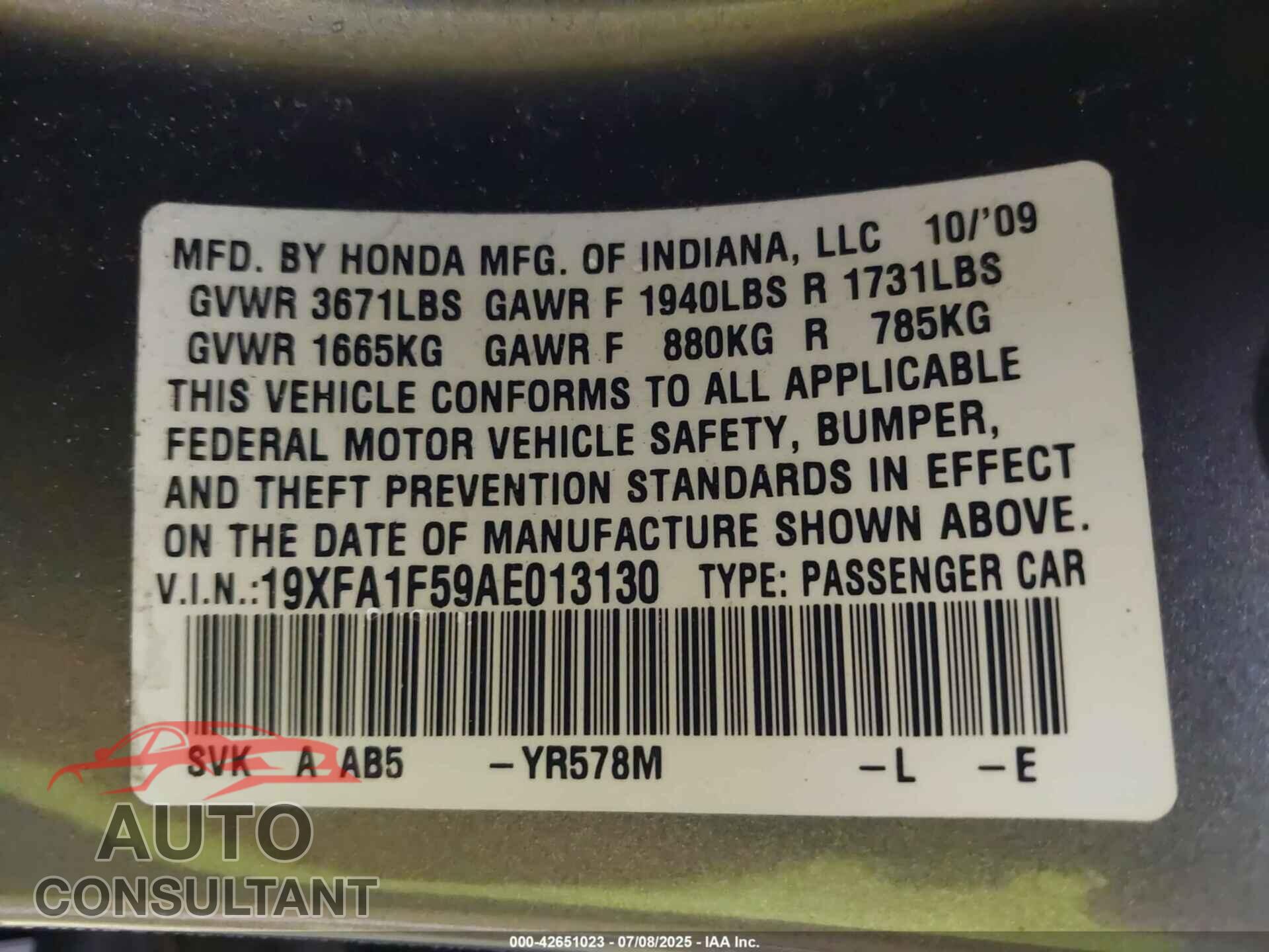 HONDA CIVIC 2010 - 19XFA1F59AE013130