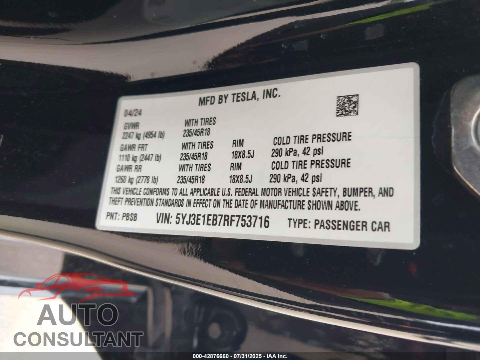 TESLA MODEL 3 2024 - 5YJ3E1EB7RF753716
