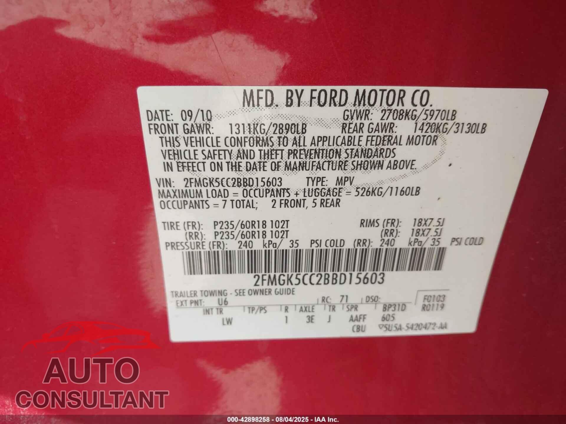 FORD FLEX 2011 - 2FMGK5CC2BBD15603
