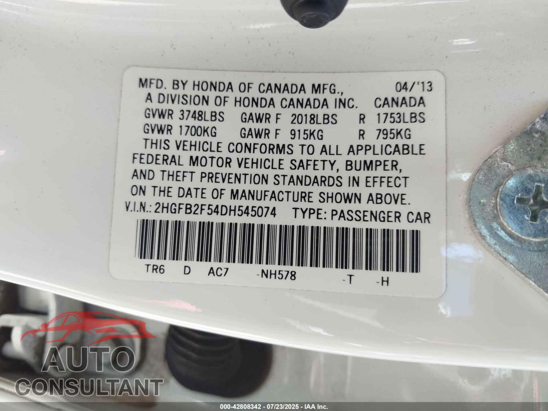 HONDA CIVIC 2013 - 2HGFB2F54DH545074
