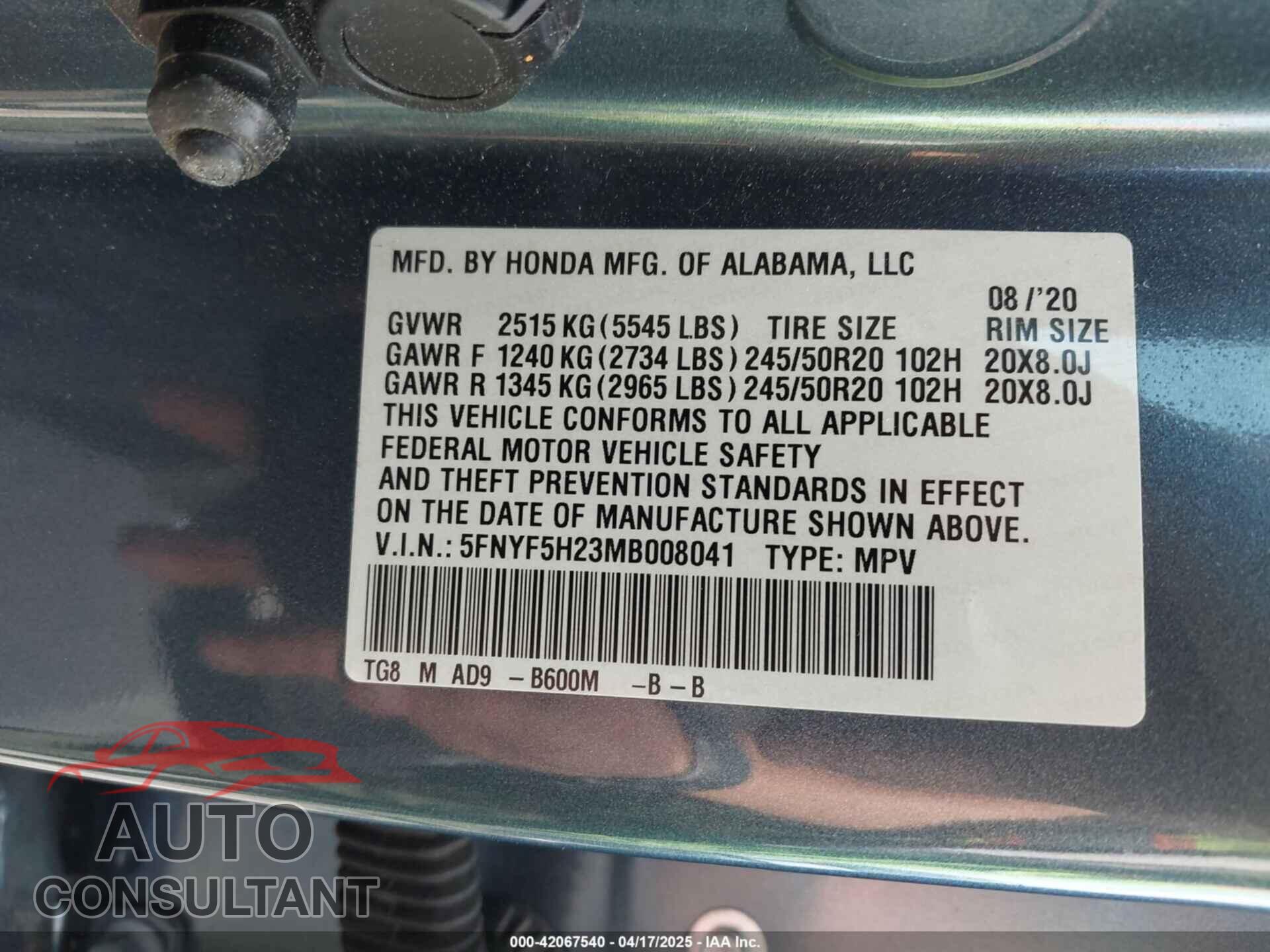 HONDA PILOT 2021 - 5FNYF5H23MB008041