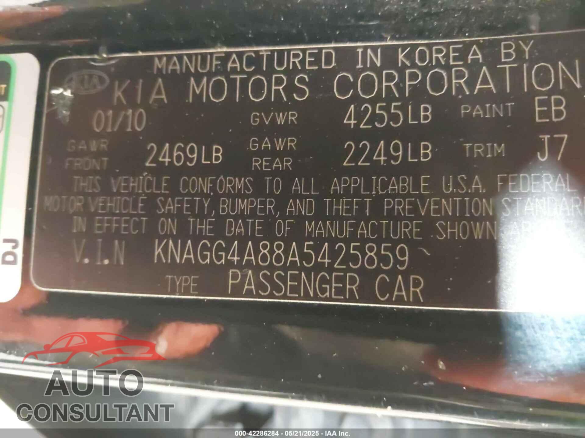 KIA OPTIMA 2010 - KNAGG4A88A5425859