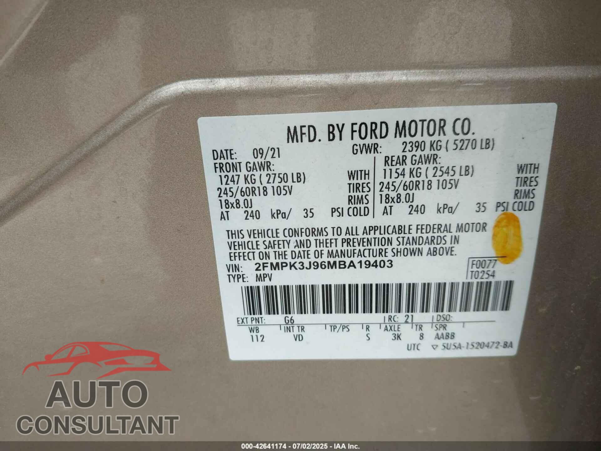 FORD EDGE 2021 - 2FMPK3J96MBA19403