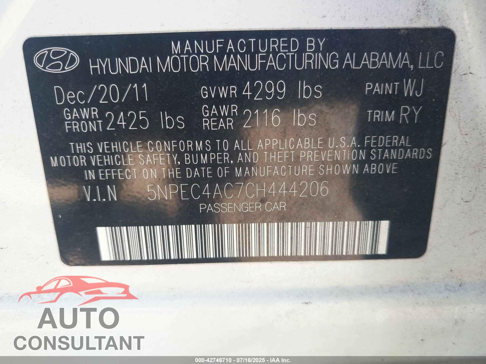 HYUNDAI SONATA 2012 - 5NPEC4AC7CH444206