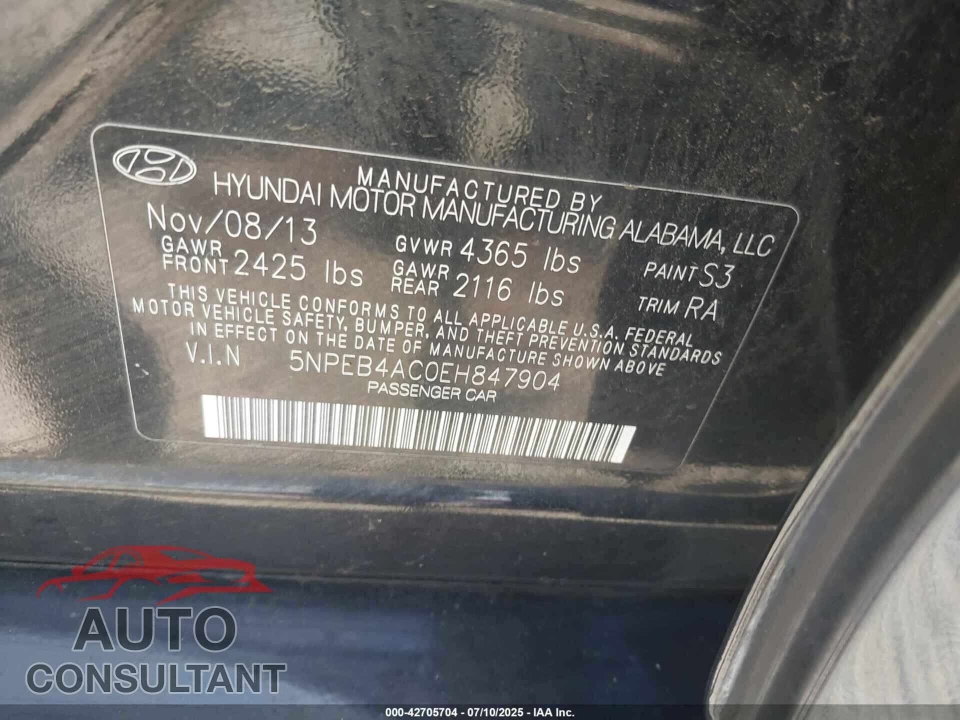 HYUNDAI SONATA 2014 - 5NPEB4AC0EH847904