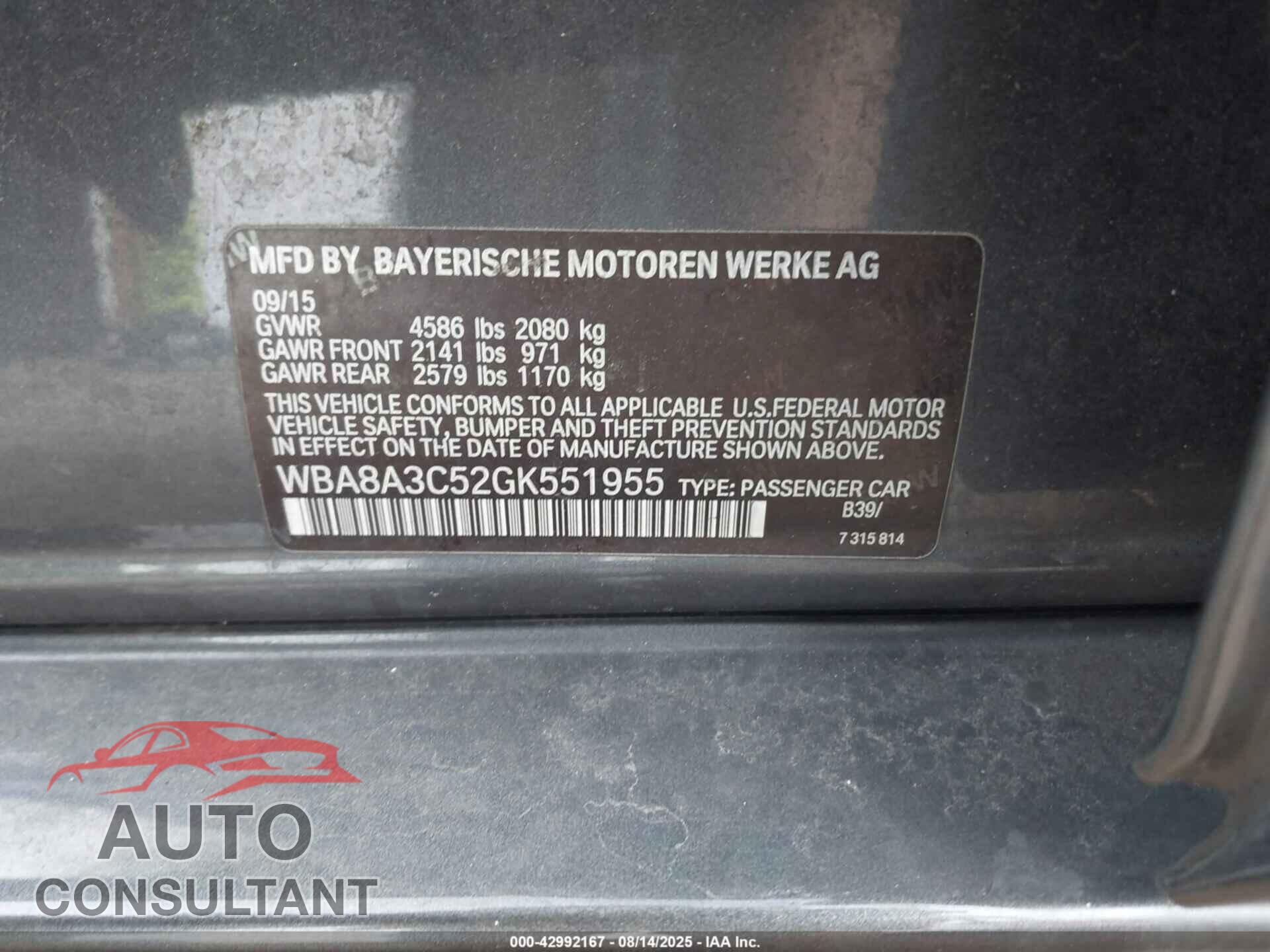 BMW 320I 2016 - WBA8A3C52GK551955