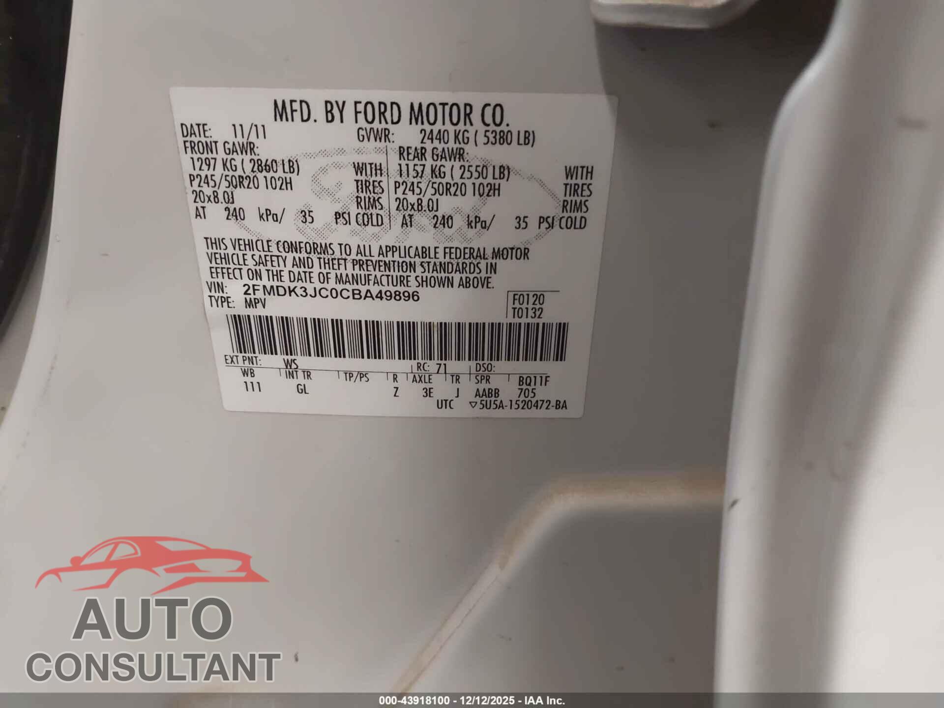 FORD EDGE 2012 - 2FMDK3JC0CBA49896