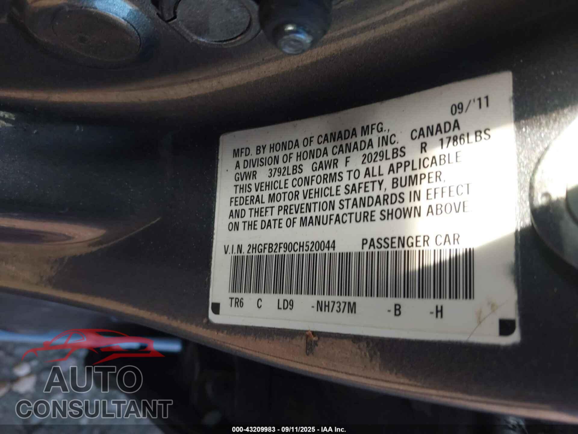 HONDA CIVIC 2012 - 2HGFB2F90CH520044