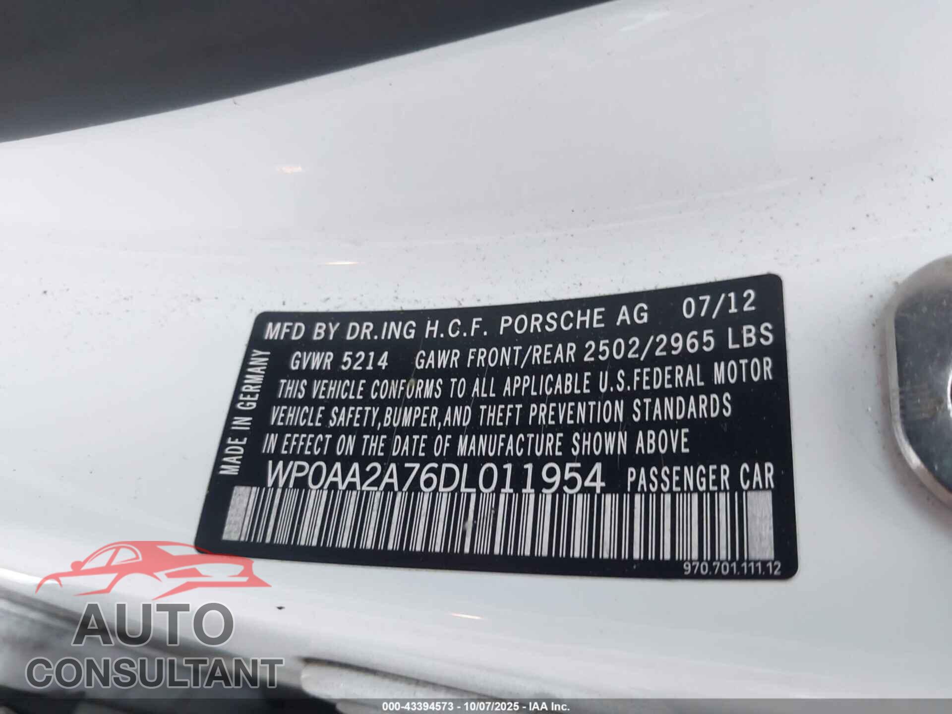 PORSCHE PANAMERA 2013 - WP0AA2A76DL011954