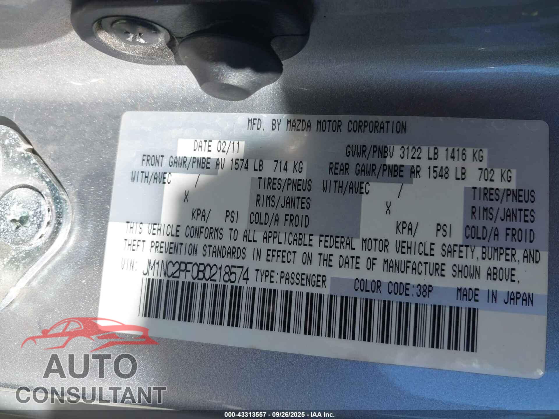 MAZDA MX-5 MIATA 2011 - JM1NC2PF0B0218574