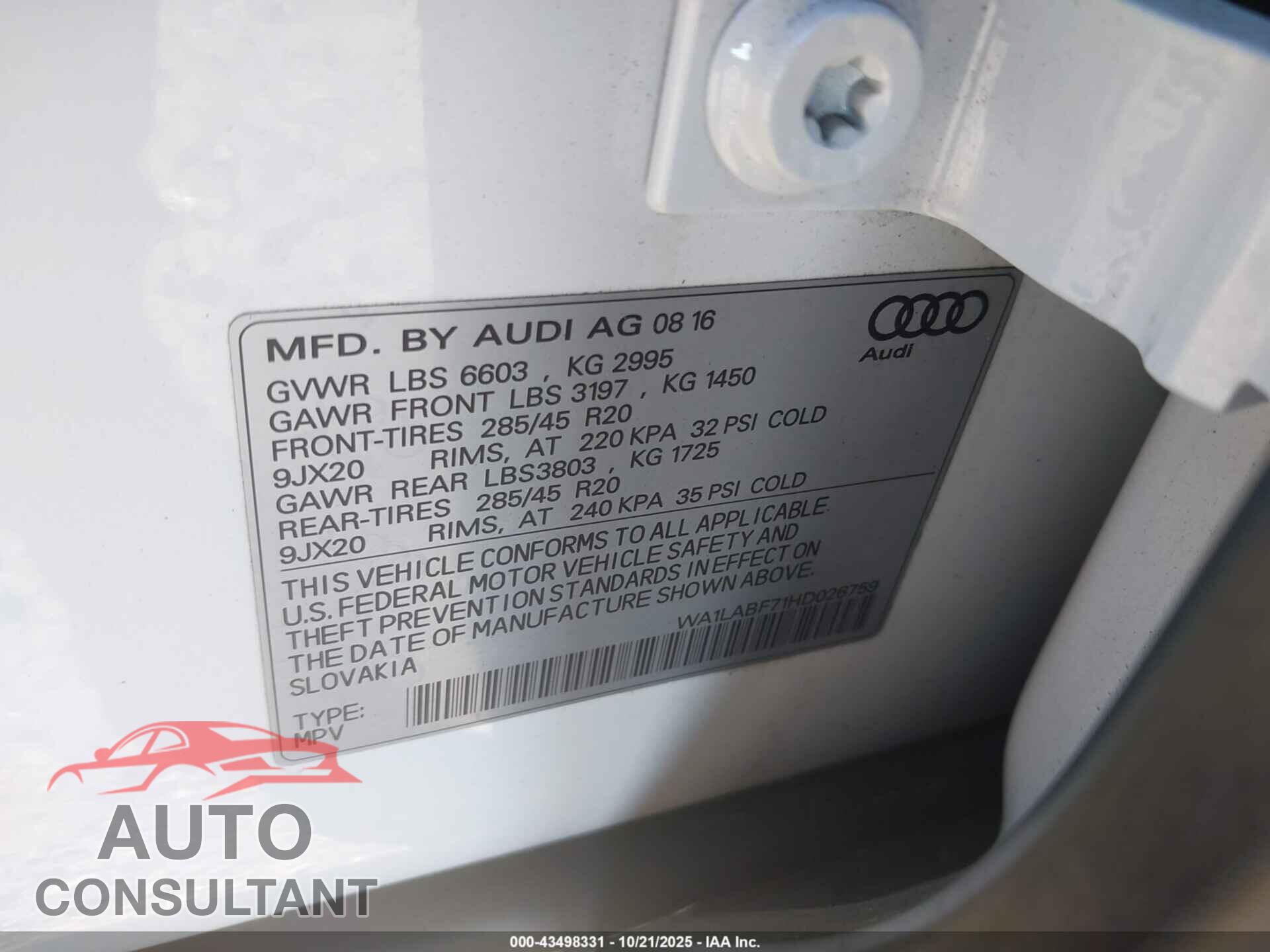 AUDI Q7 2017 - WA1LABF71HD026759