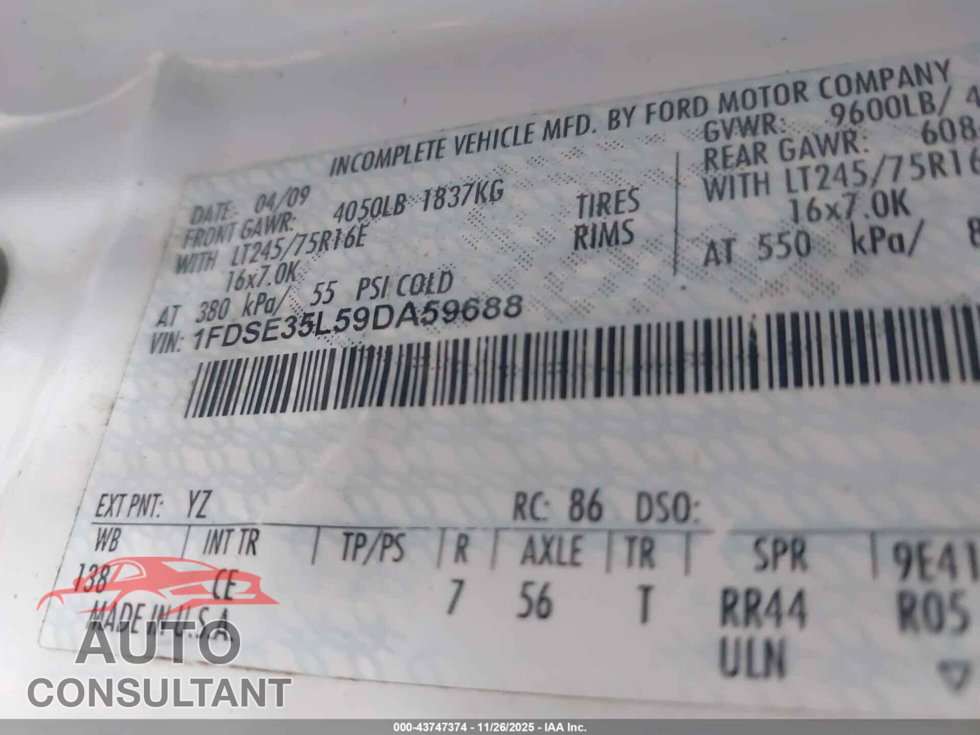 FORD E-350 CUTAWAY 2009 - 1FDSE35L59DA59688