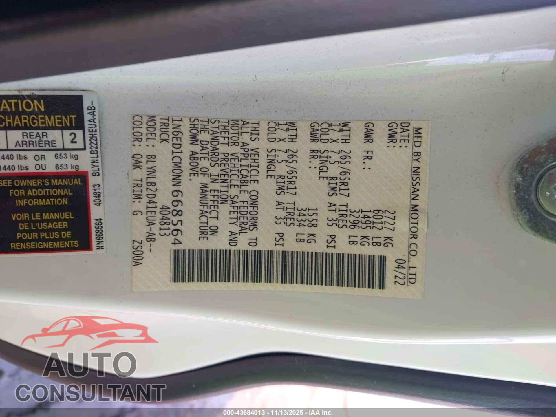 NISSAN FRONTIER 2022 - 1N6ED1CM0NN668564