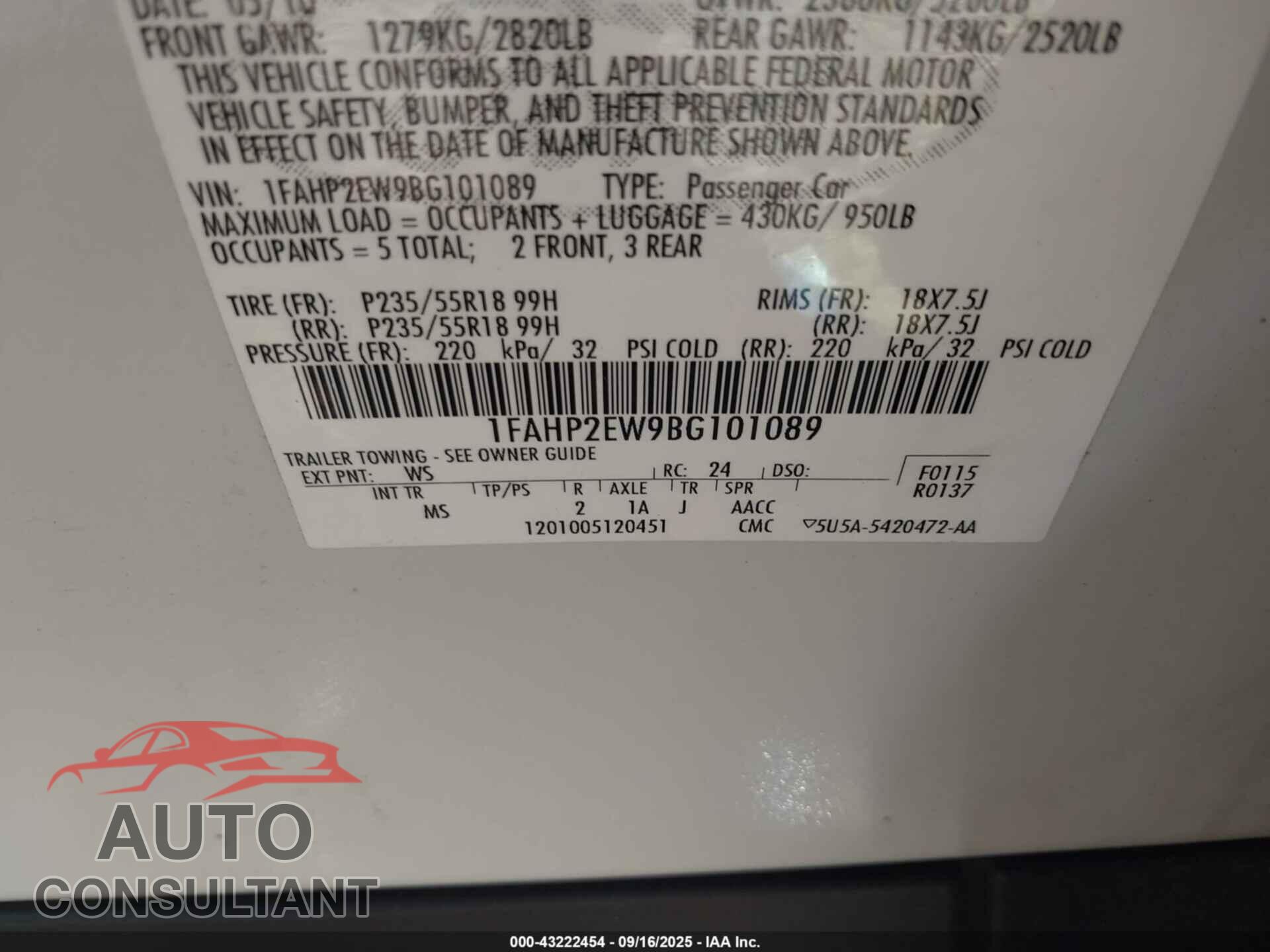 FORD TAURUS 2011 - 1FAHP2EW9BG101089
