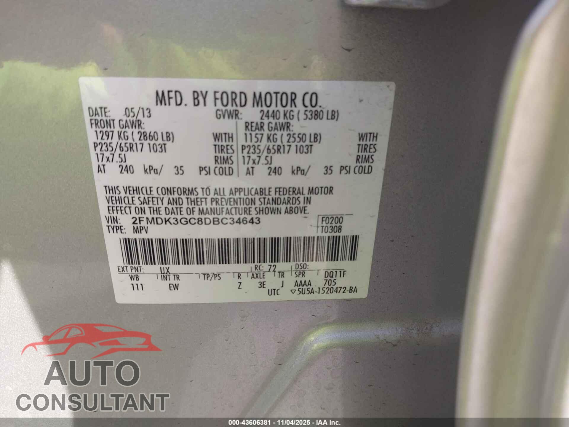 FORD EDGE 2013 - 2FMDK3GC8DBC34643