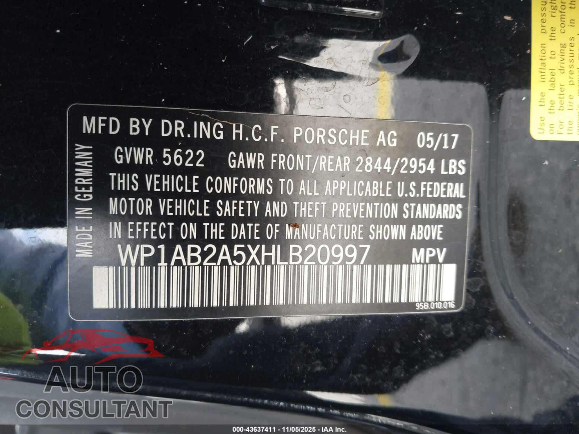 PORSCHE MACAN 2017 - WP1AB2A5XHLB20997