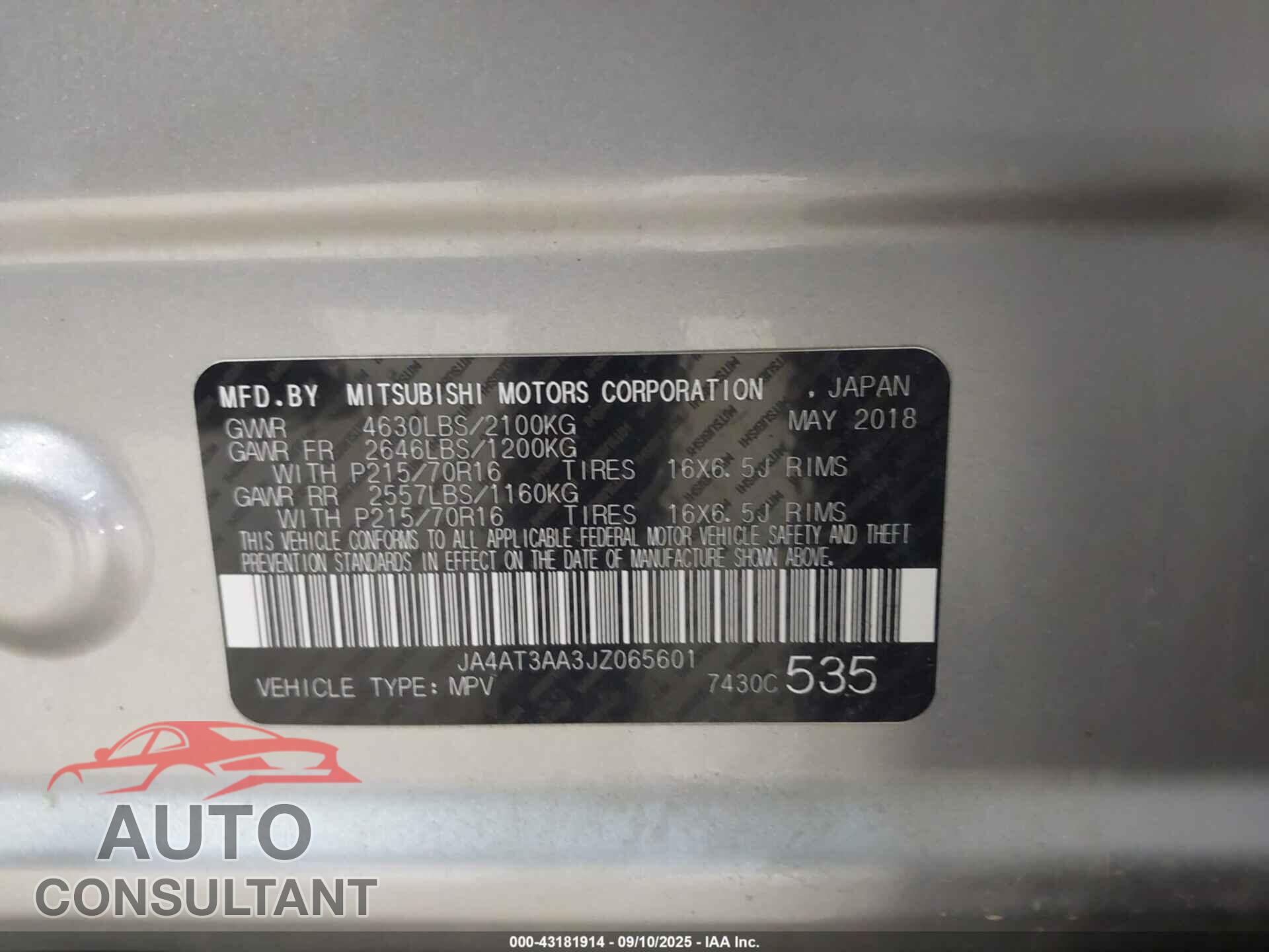 MITSUBISHI ECLIPSE CROSS 2018 - JA4AT3AA3JZ065601