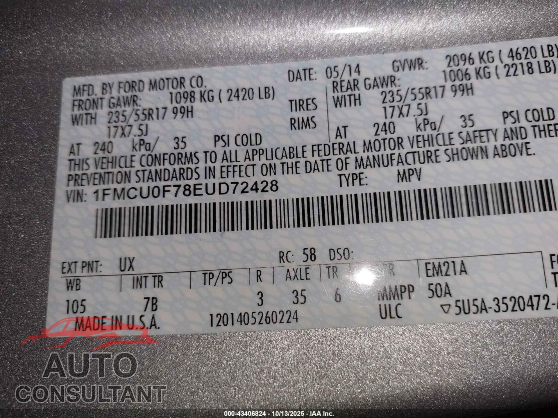 FORD ESCAPE 2014 - 1FMCU0F78EUD72428