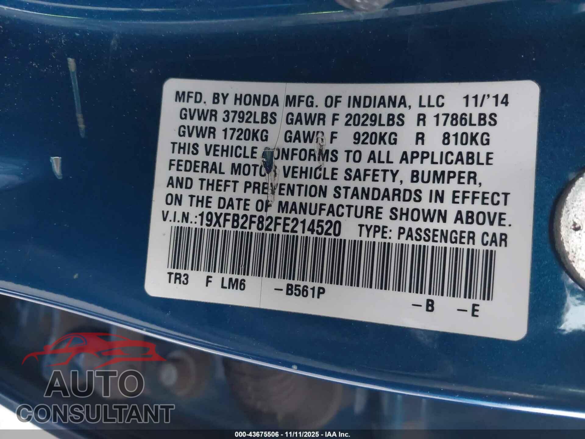 HONDA CIVIC 2015 - 19XFB2F82FE214520