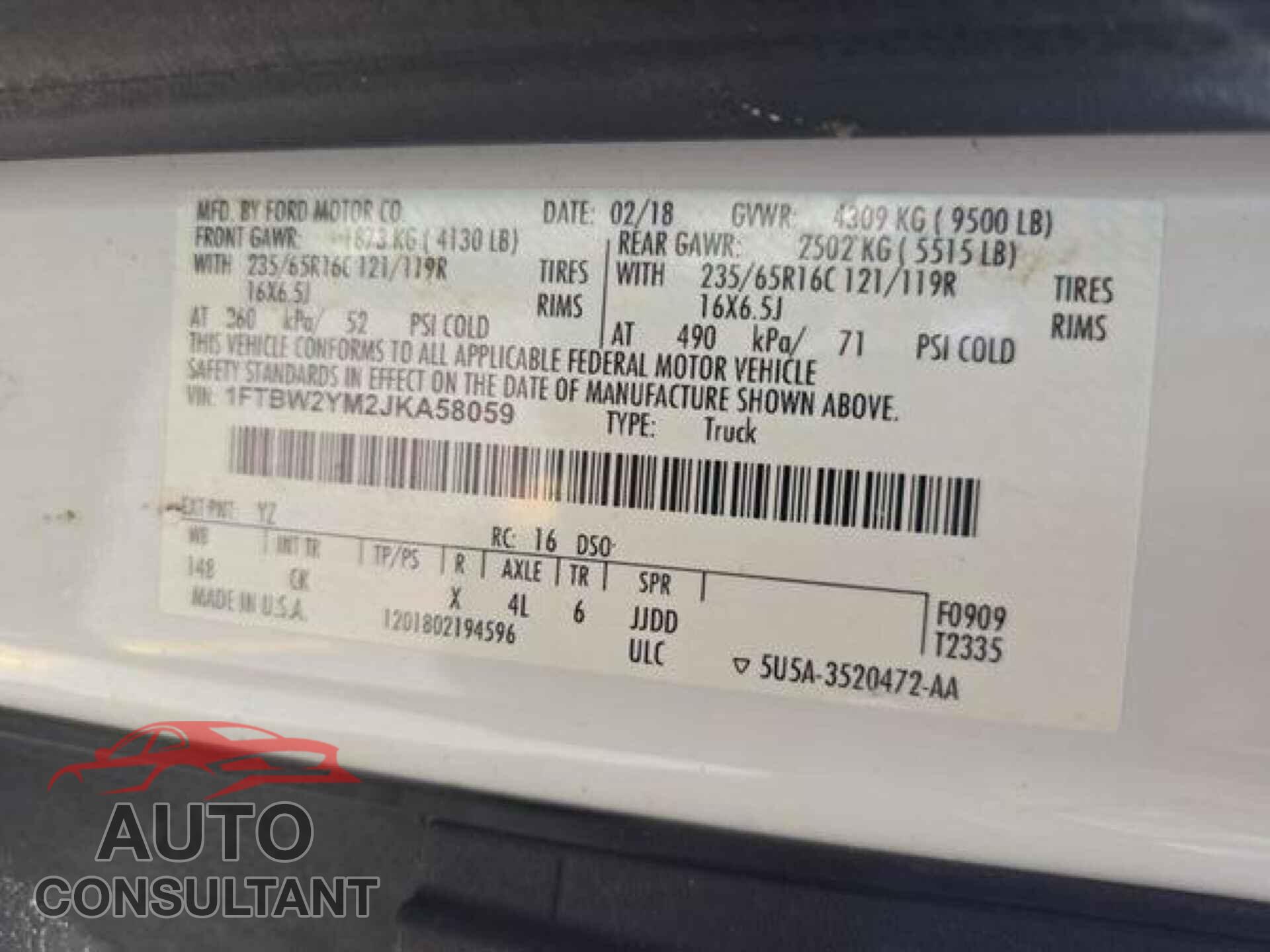 FORD TRANSIT 2018 - 1FTBW2YM2JKA58059