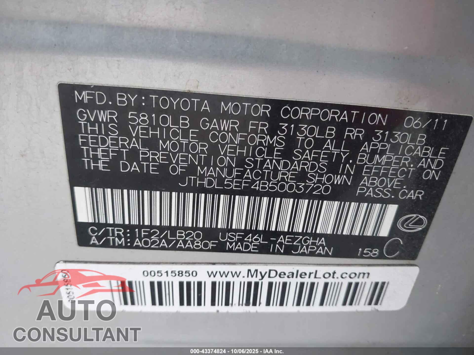 LEXUS LS 460 2011 - JTHDL5EF4B5003720