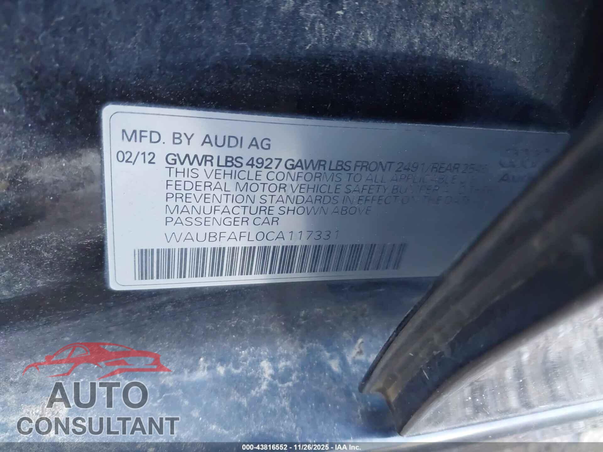 AUDI A4 2012 - WAUBFAFL0CA117331
