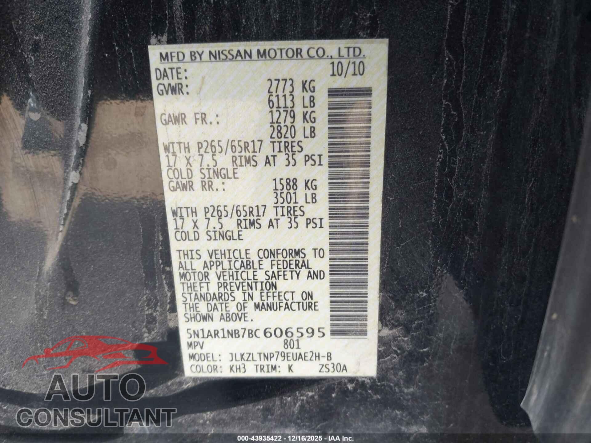 NISSAN PATHFINDER 2011 - 5N1AR1NB7BC606595