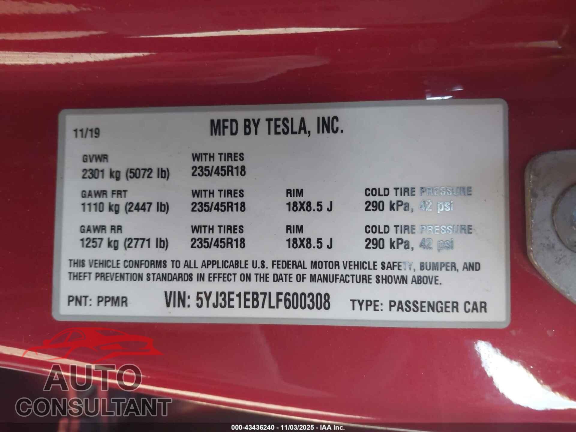 TESLA MODEL 3 2020 - 5YJ3E1EB7LF600308
