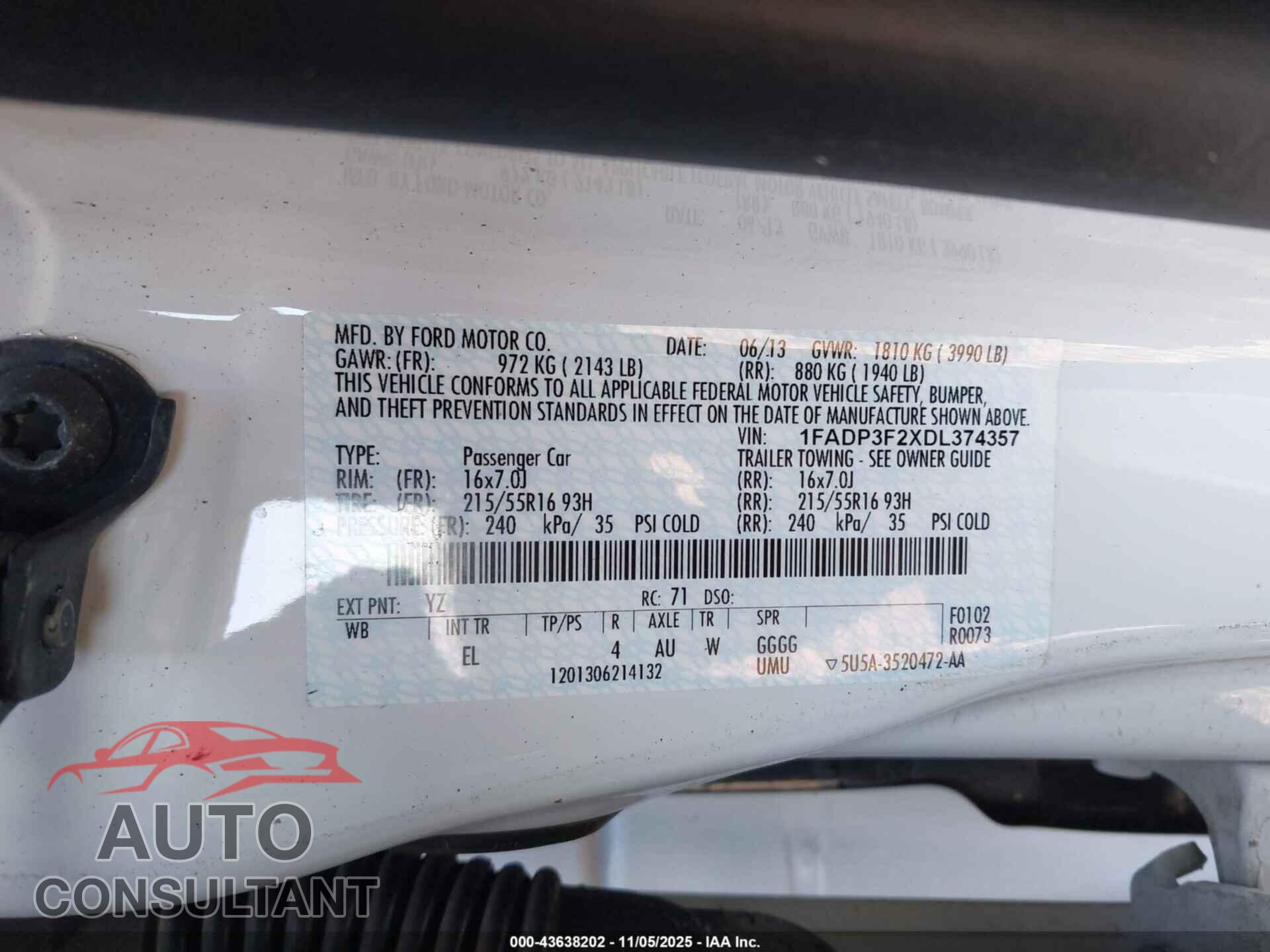FORD FOCUS 2013 - 1FADP3F2XDL374357