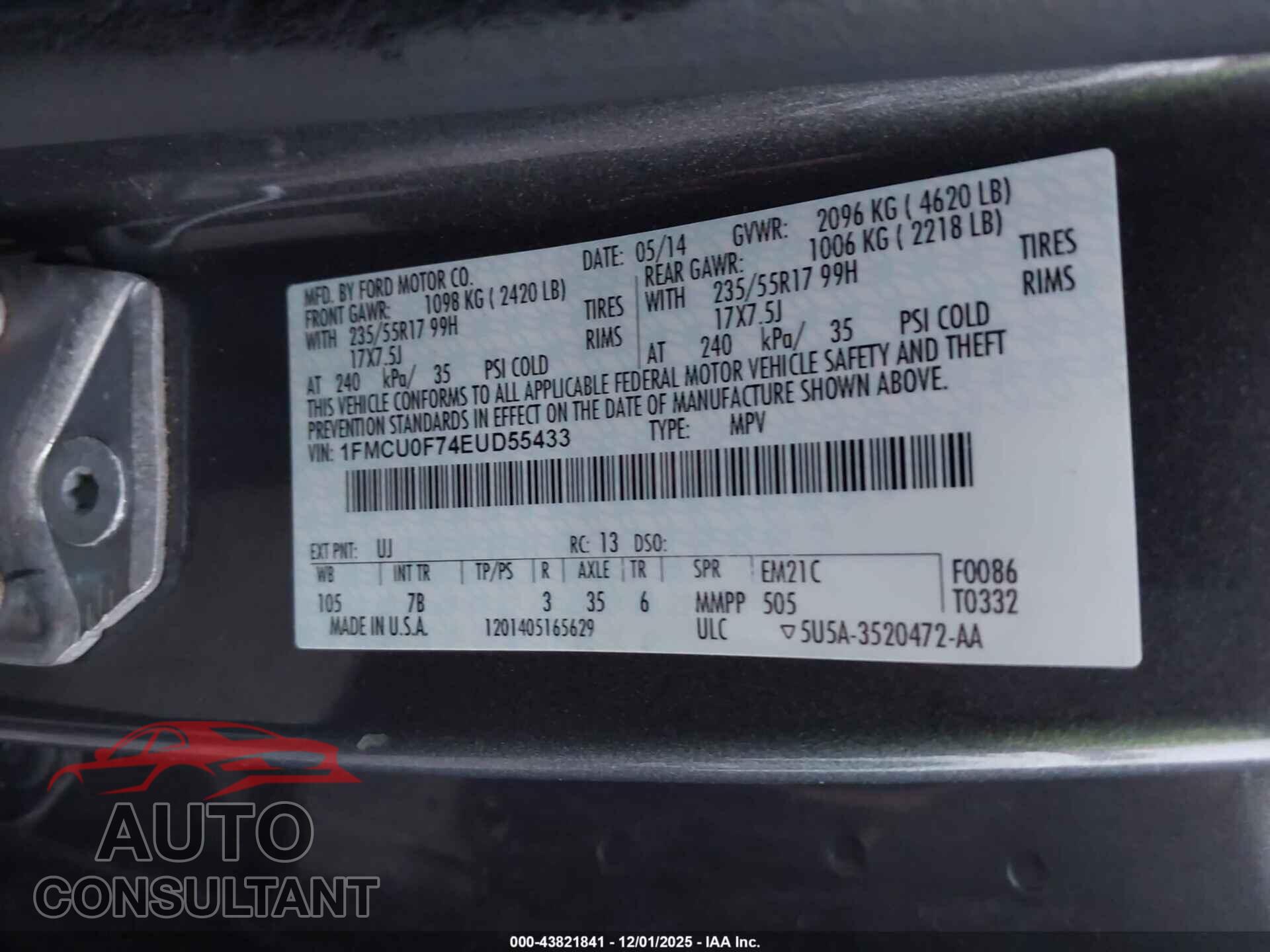 FORD ESCAPE 2014 - 1FMCU0F74EUD55433