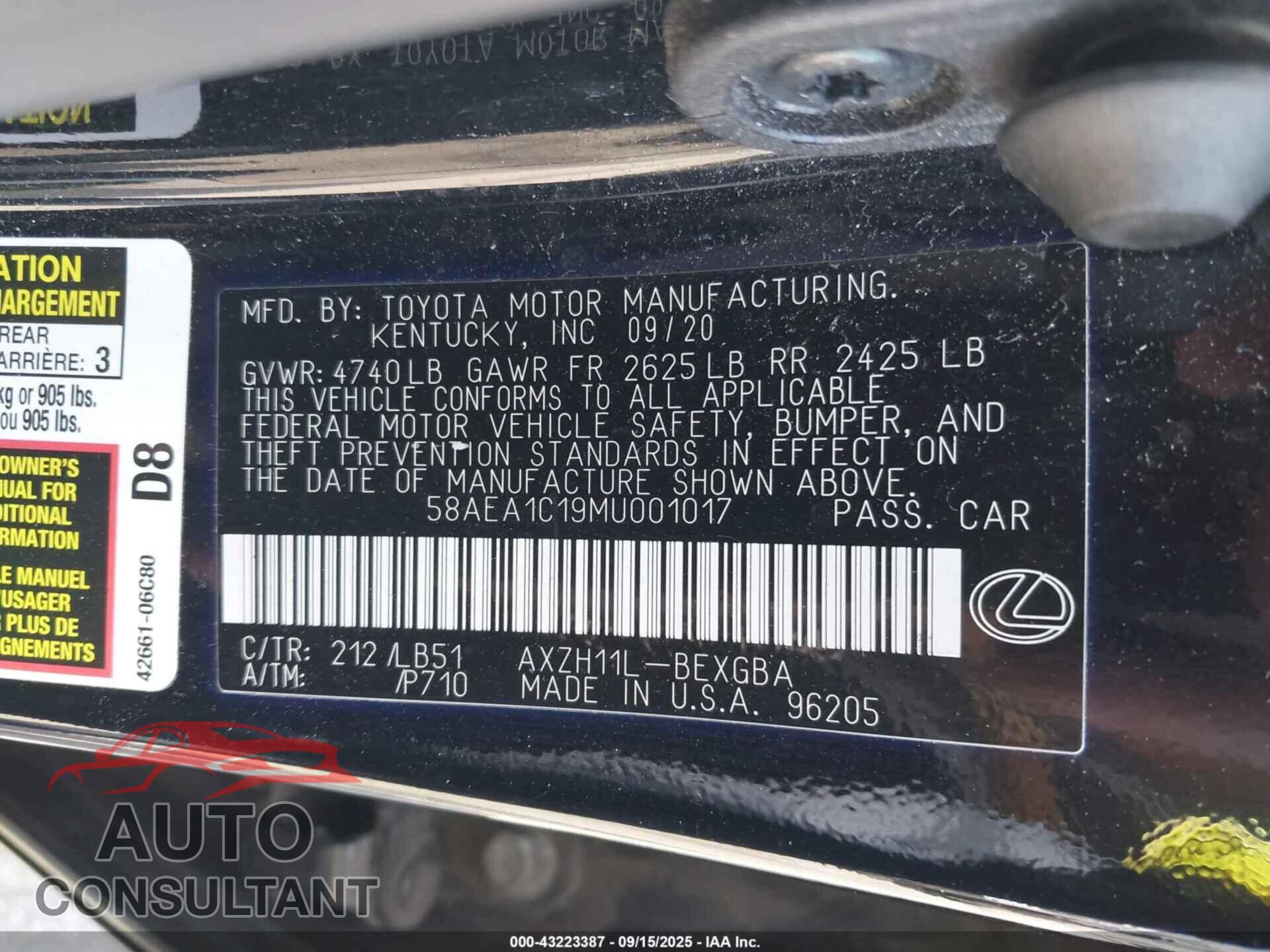 LEXUS ES 2021 - 58AEA1C19MU001017