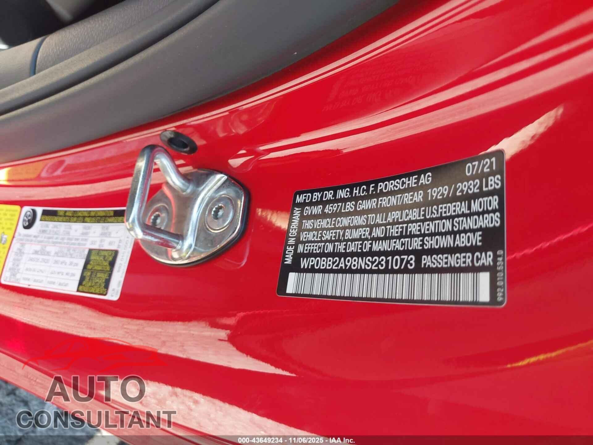 PORSCHE 911 2022 - WP0BB2A98NS231073