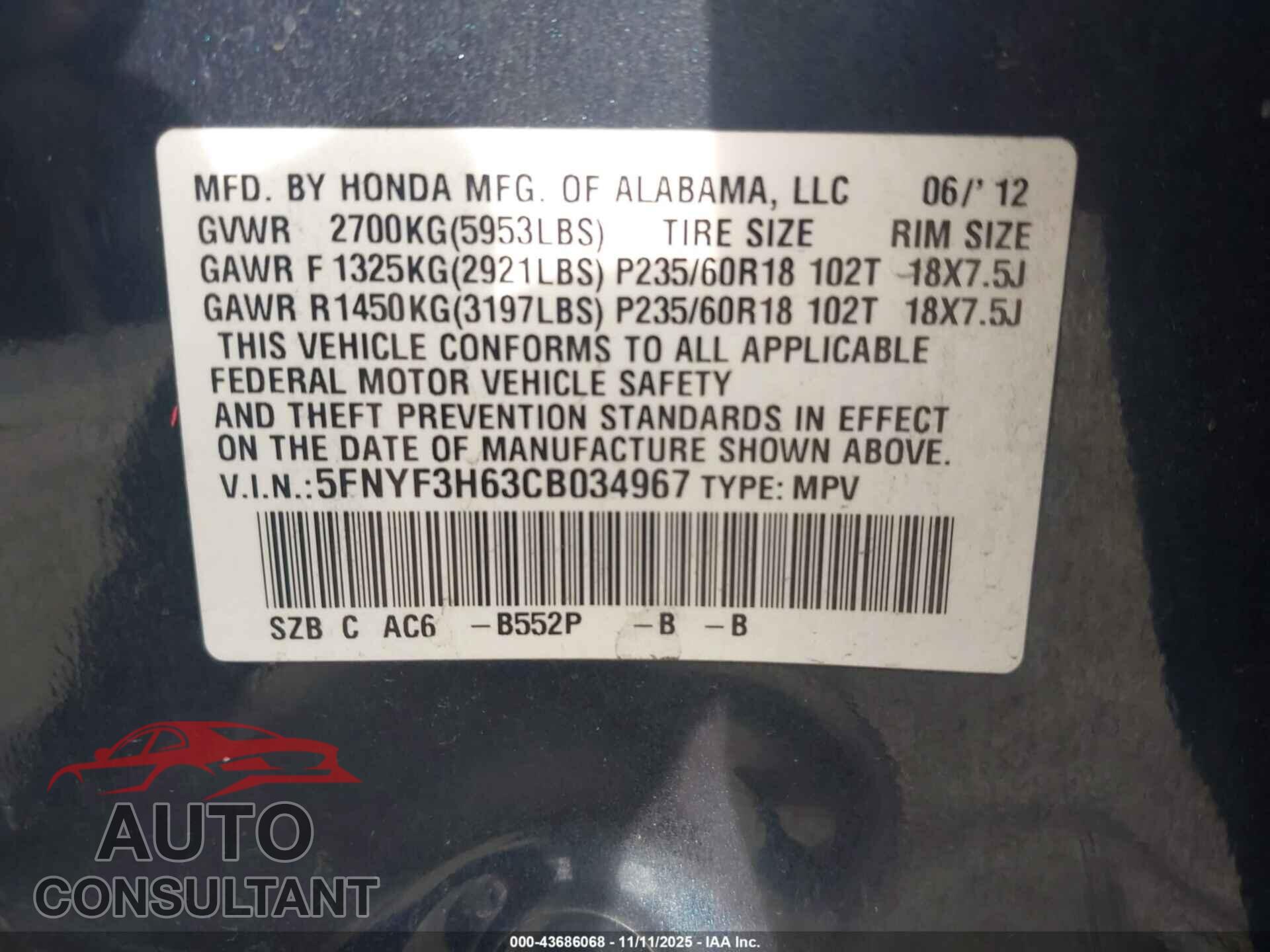 HONDA PILOT 2012 - 5FNYF3H63CB034967