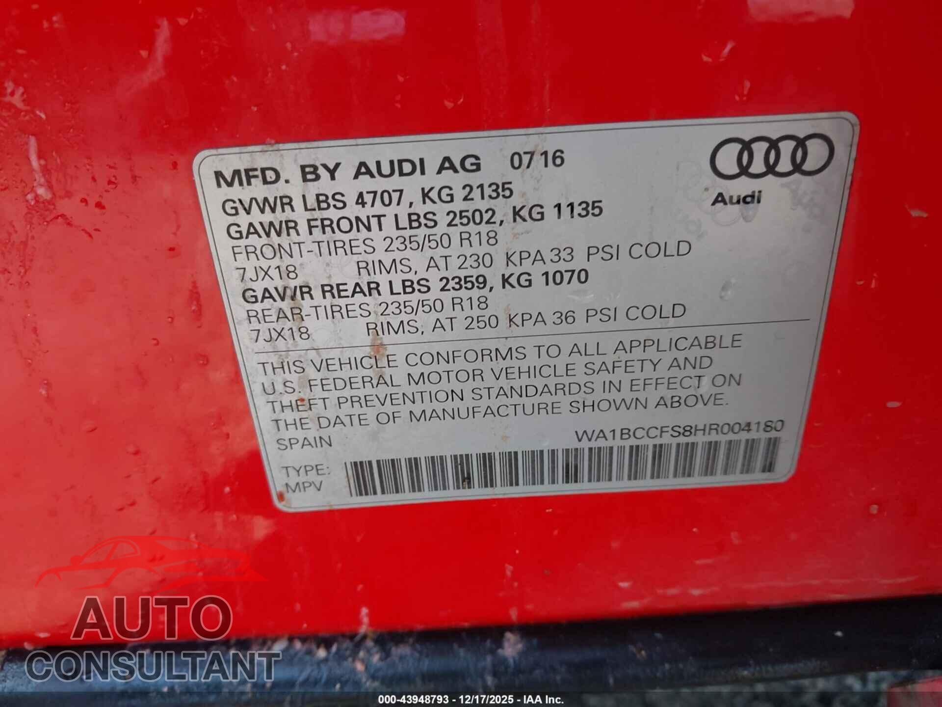 AUDI Q3 2017 - WA1BCCFS8HR004180