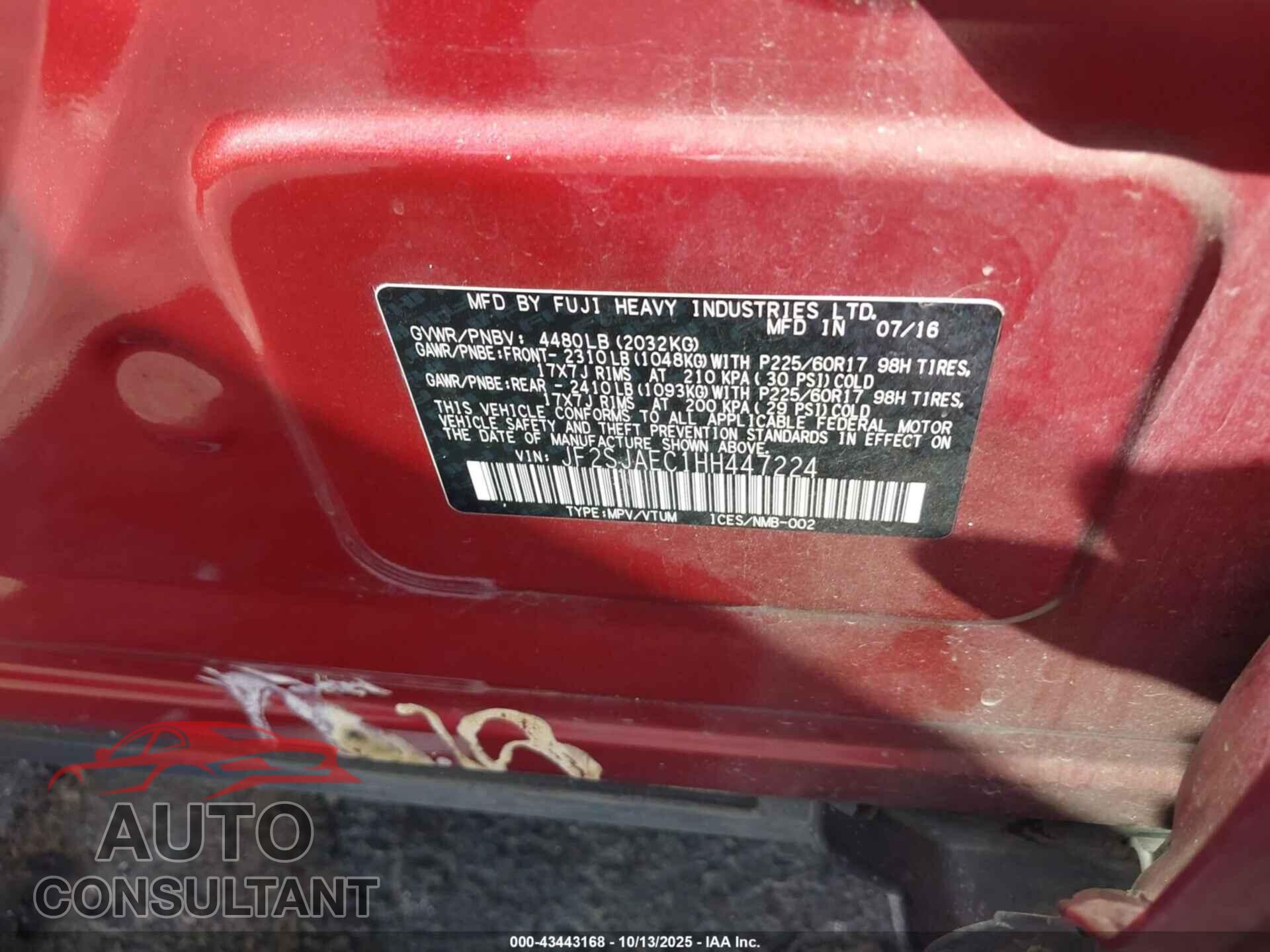 SUBARU FORESTER 2017 - JF2SJAEC1HH447224