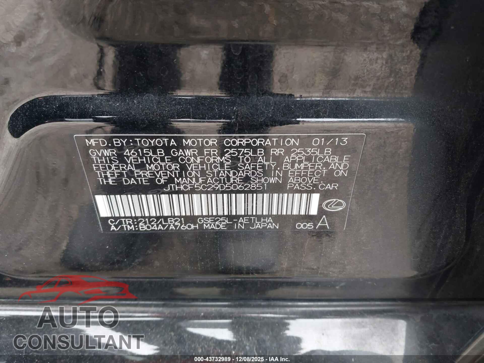 LEXUS IS 250 2013 - JTHCF5C29D5062851