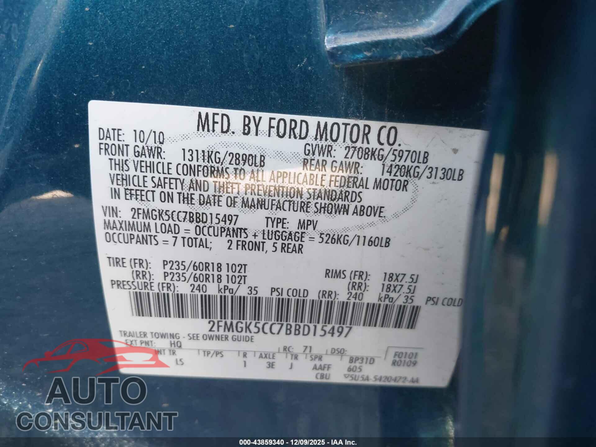 FORD FLEX 2011 - 2FMGK5CC7BBD15497