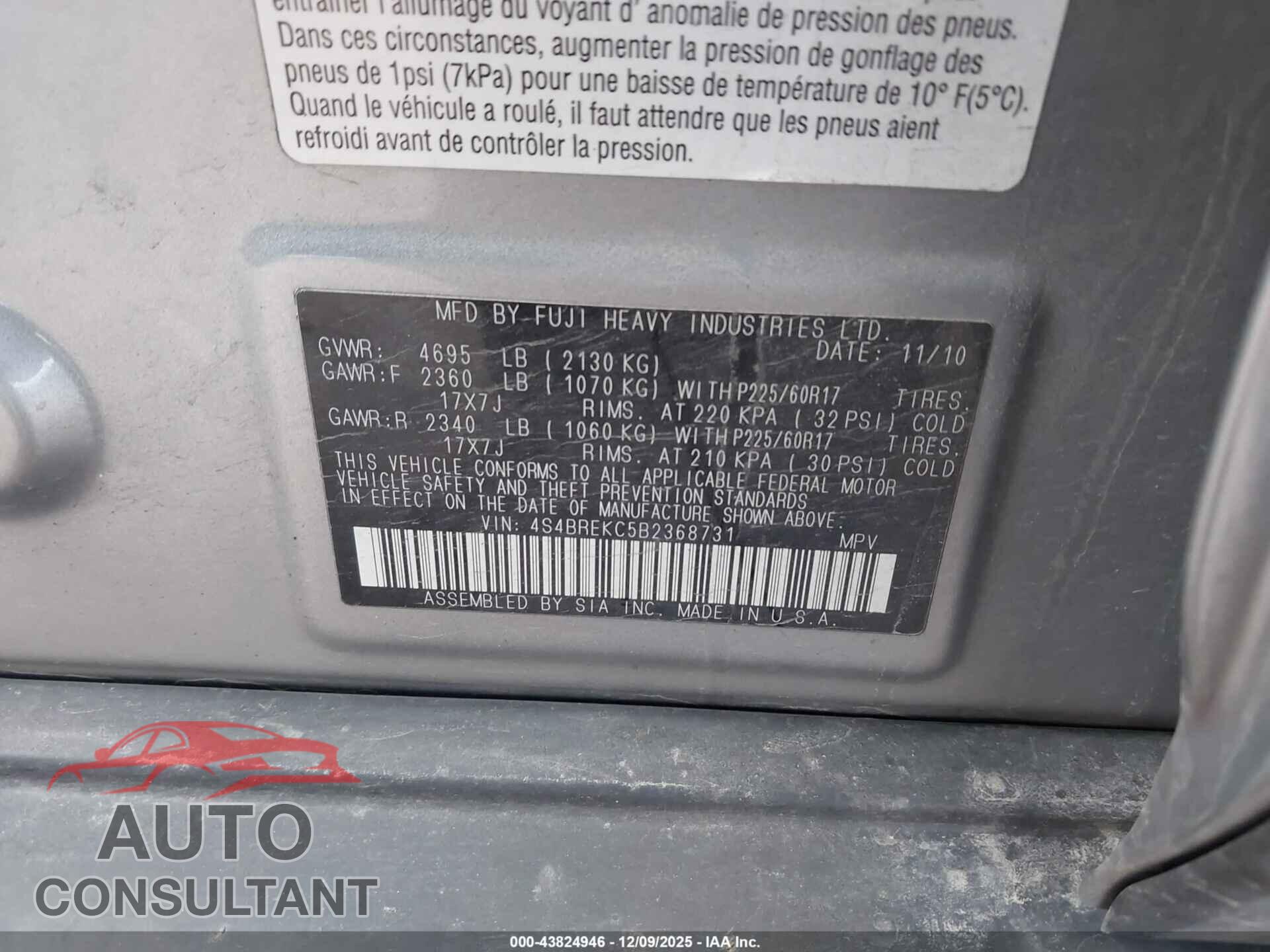 SUBARU OUTBACK 2011 - 4S4BREKC5B2368731
