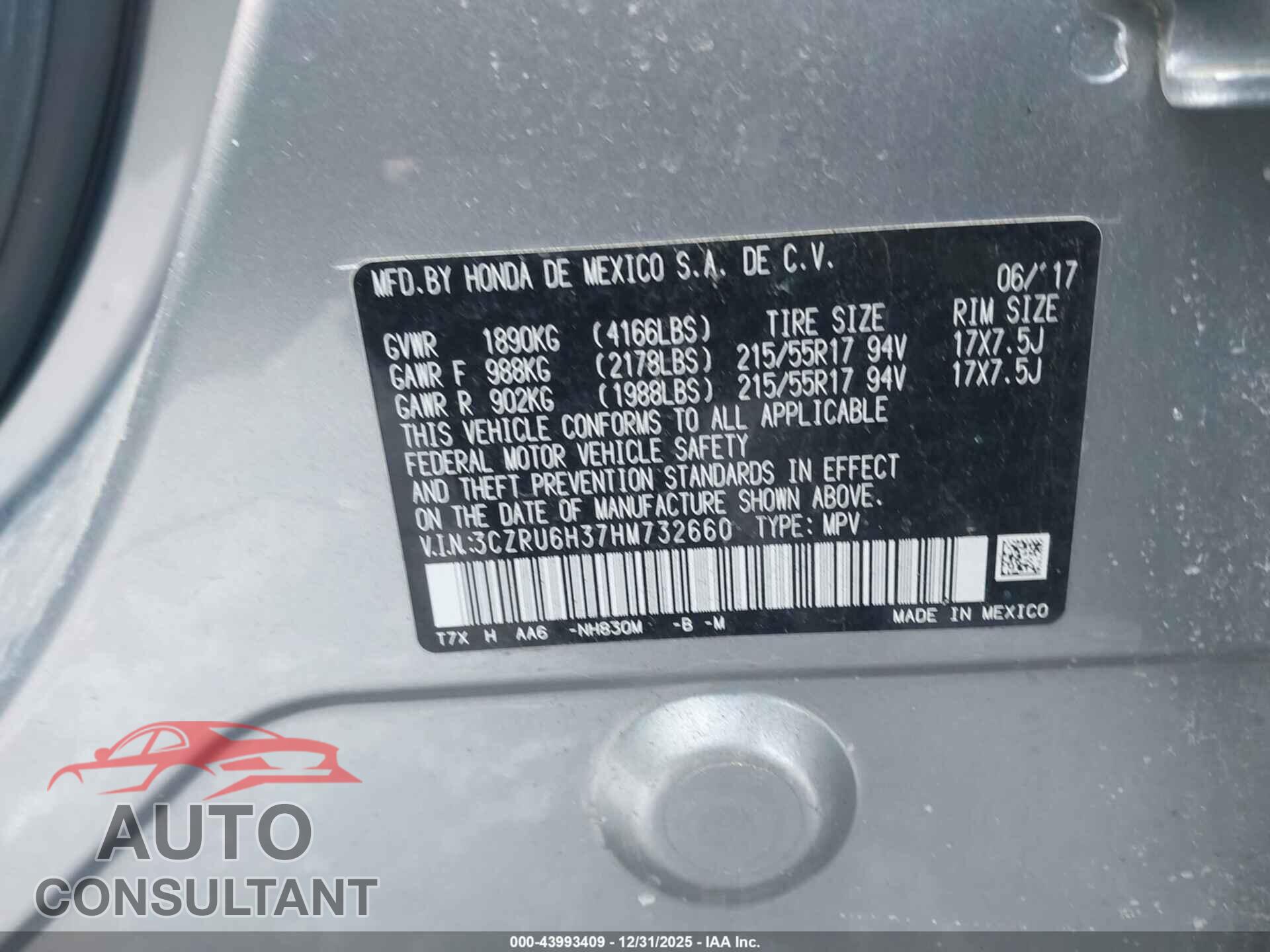HONDA HR-V 2017 - 3CZRU6H37HM732660