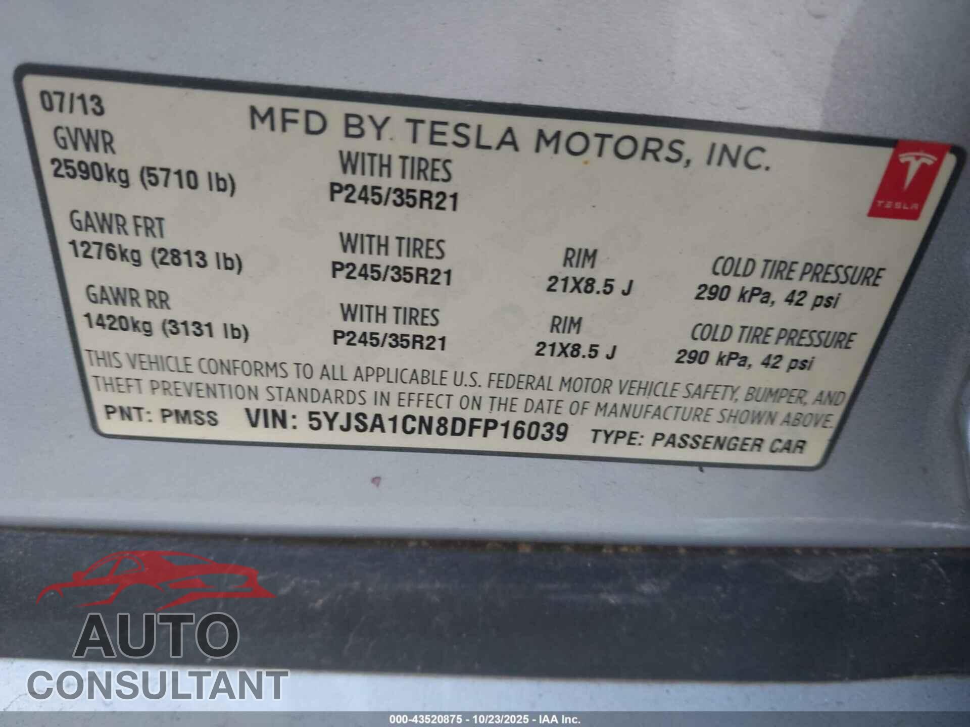 TESLA MODEL S 2013 - 5YJSA1CN8DFP16039