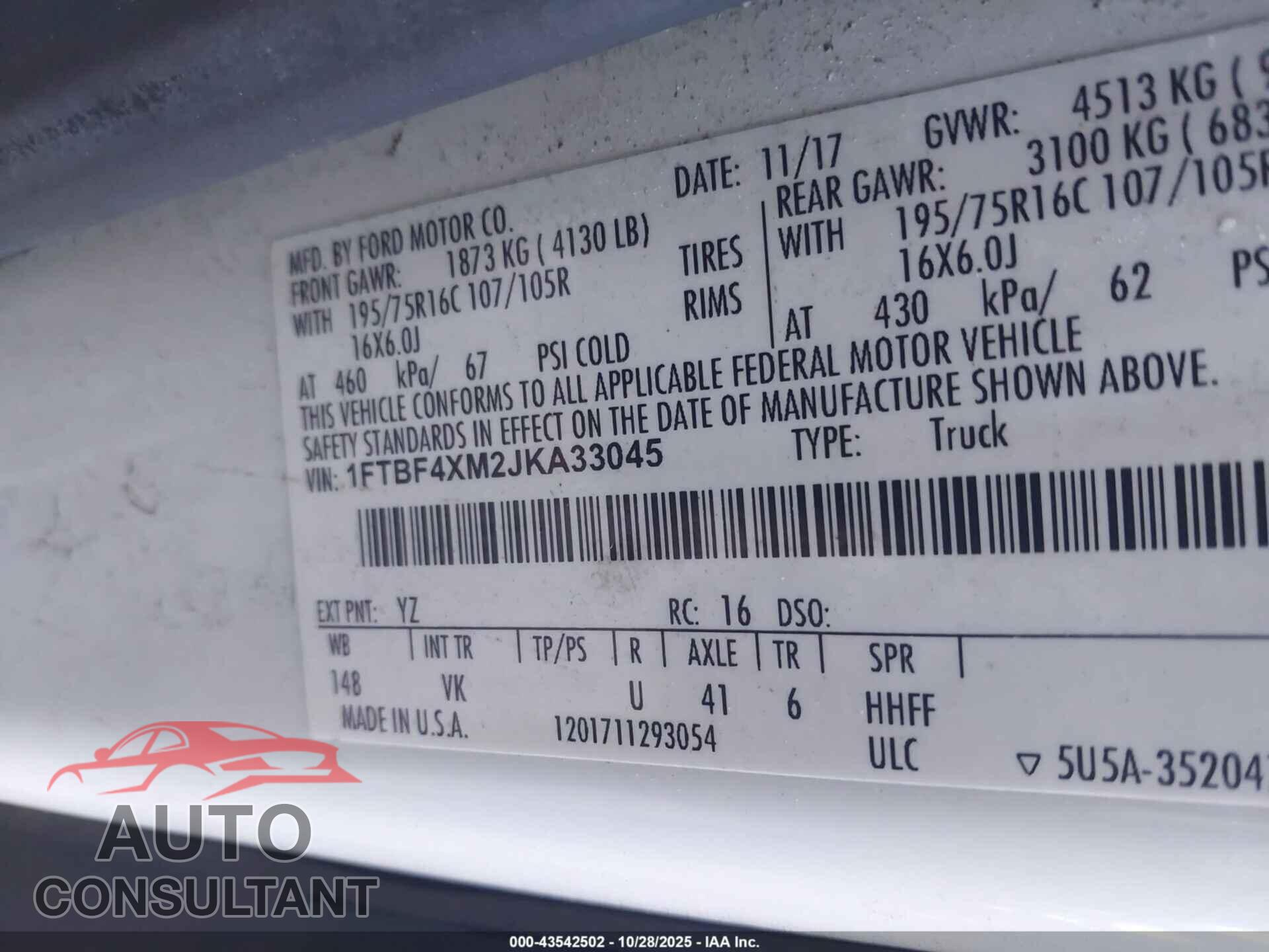 FORD TRANSIT-350 2018 - 1FTBF4XM2JKA33045