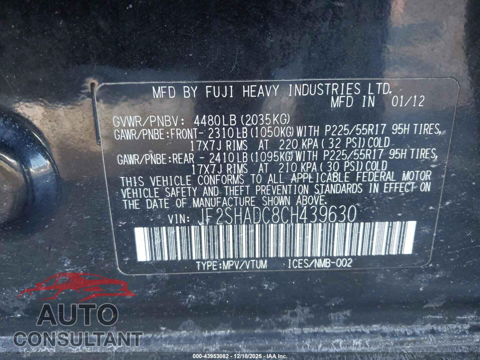 SUBARU FORESTER 2012 - JF2SHADC8CH439630