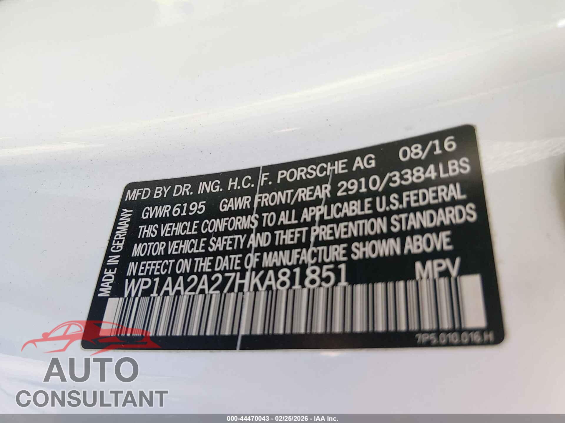 PORSCHE CAYENNE 2017 - WP1AA2A27HKA81851
