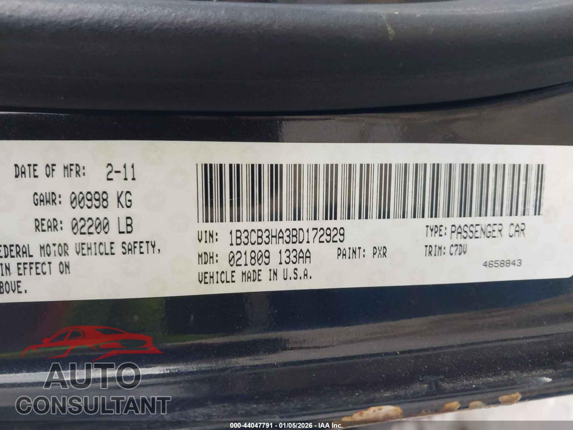 DODGE CALIBER 2011 - 1B3CB3HA3BD172929
