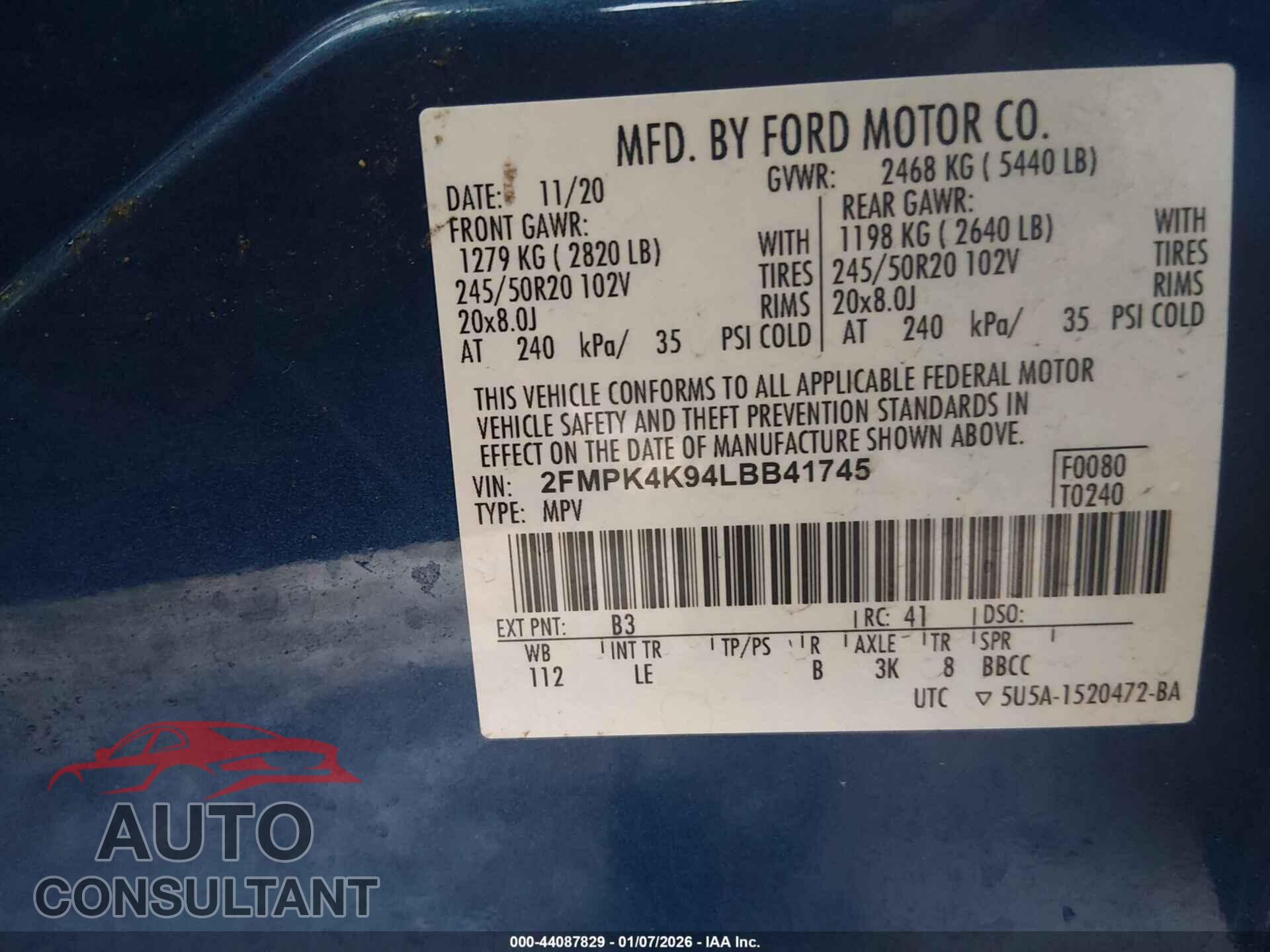 FORD EDGE 2020 - 2FMPK4K94LBB41745