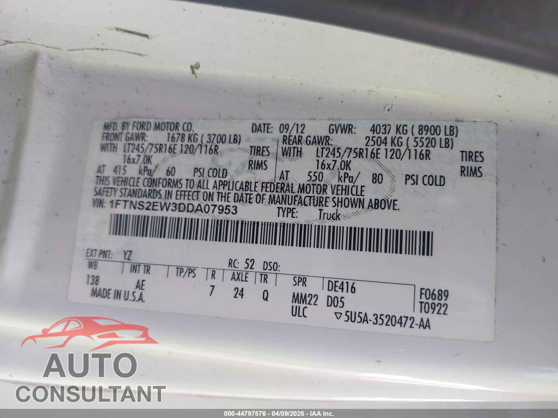 FORD E-250 2013 - 1FTNS2EW3DDA07953