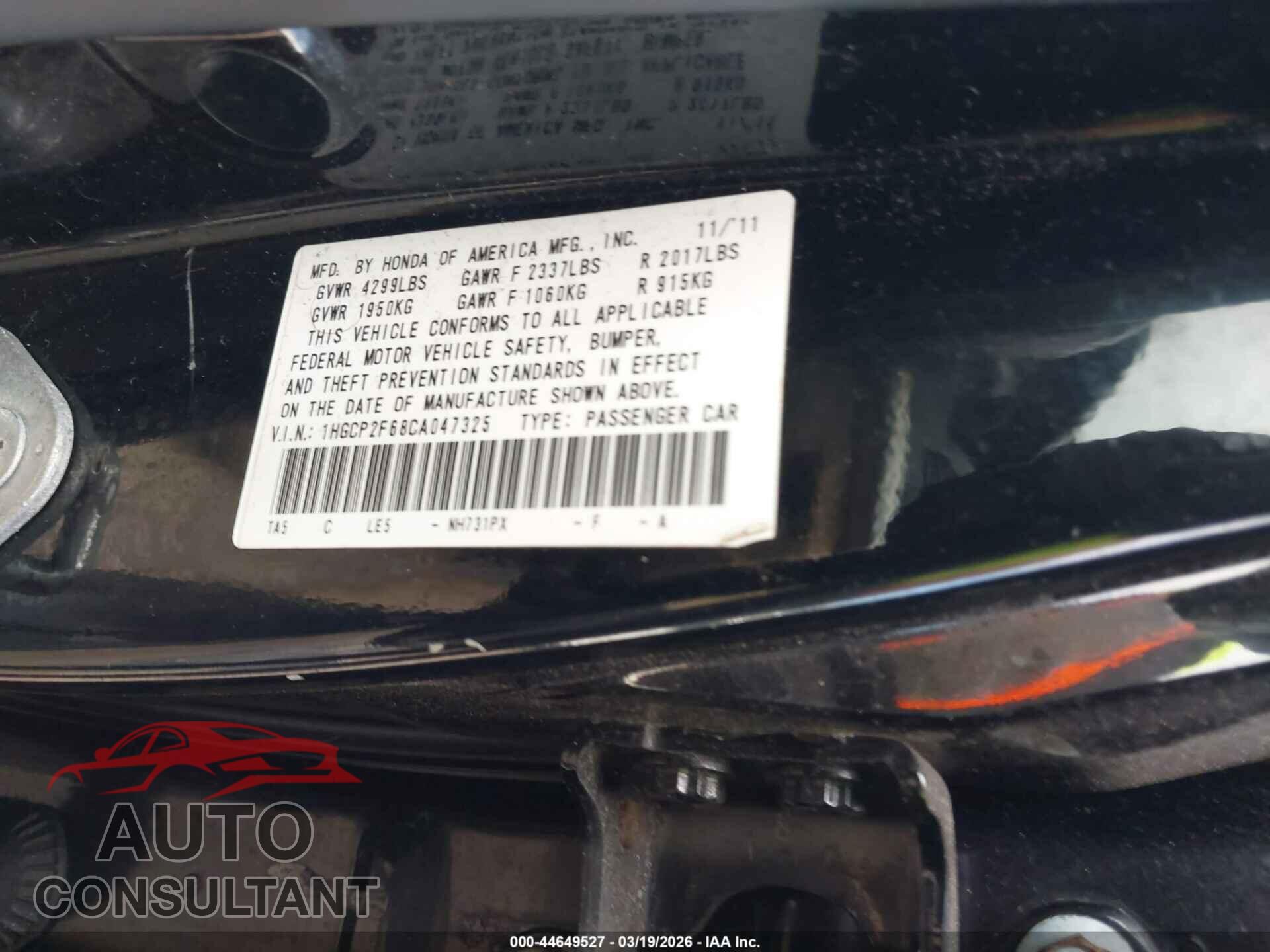 HONDA ACCORD 2012 - 1HGCP2F68CA047325